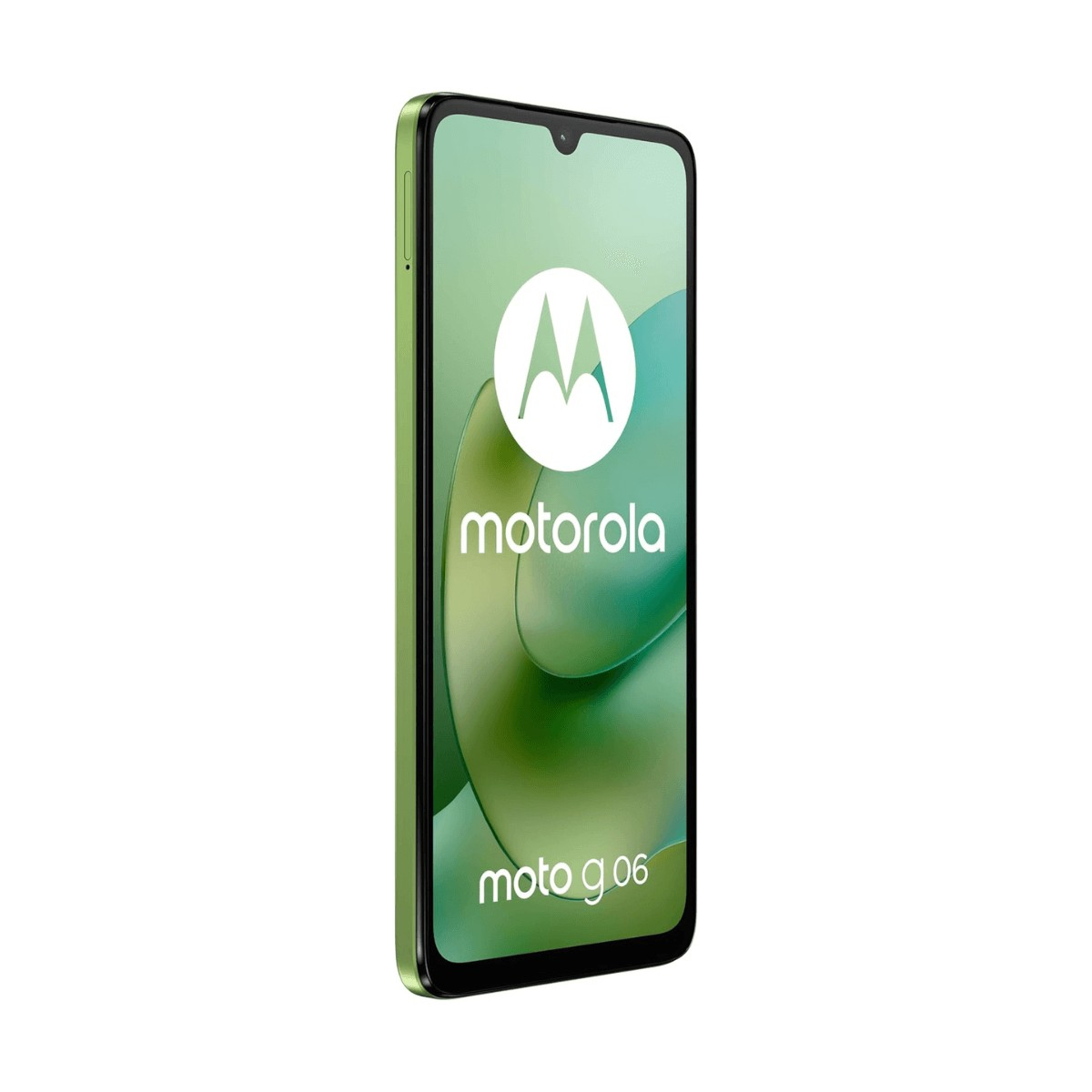 Smartphone Motorola Moto G06 verde con logo bianco e sfondo curvo sullo schermo.