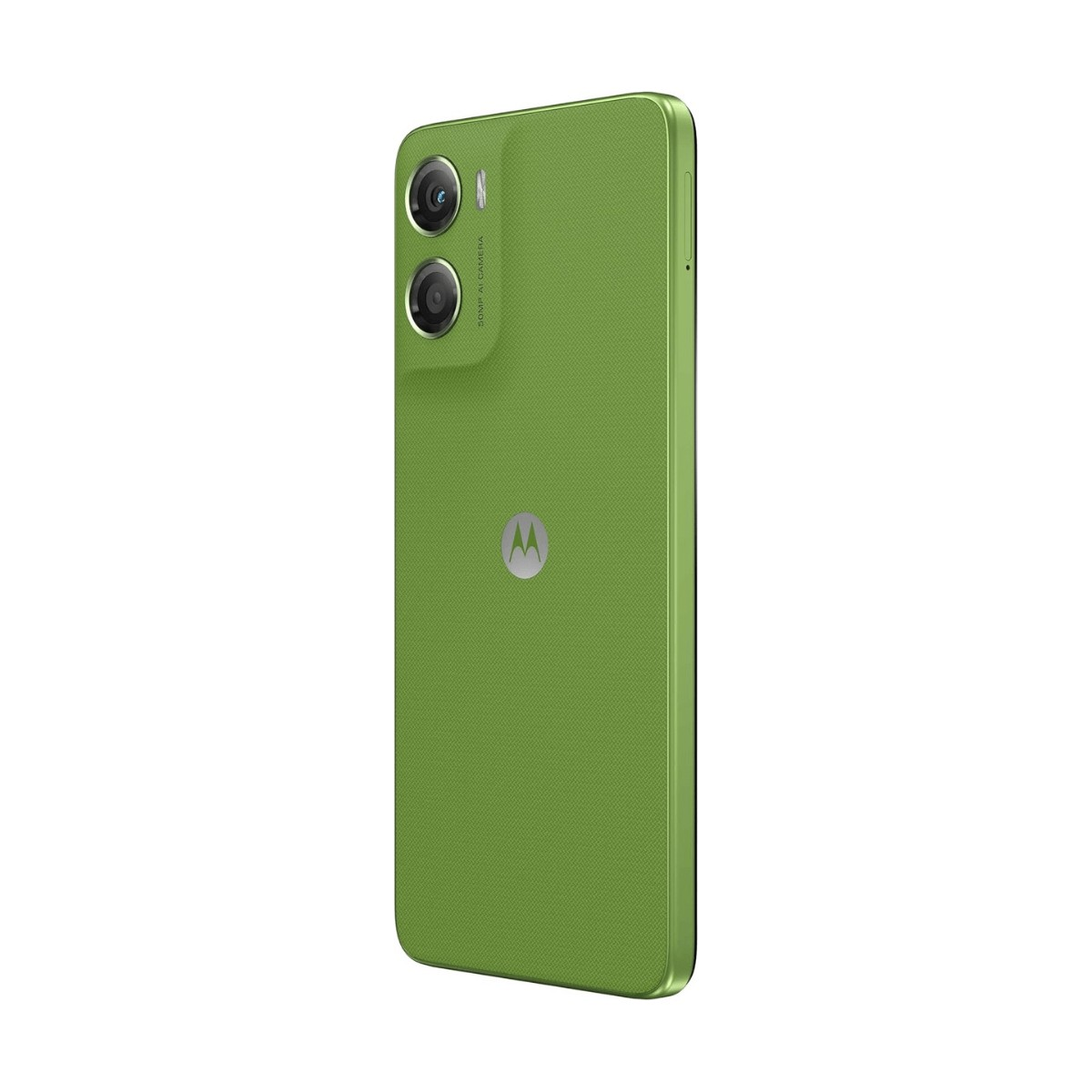 Retro di uno smartphone verde con doppia fotocamera verticale e logo Motorola.