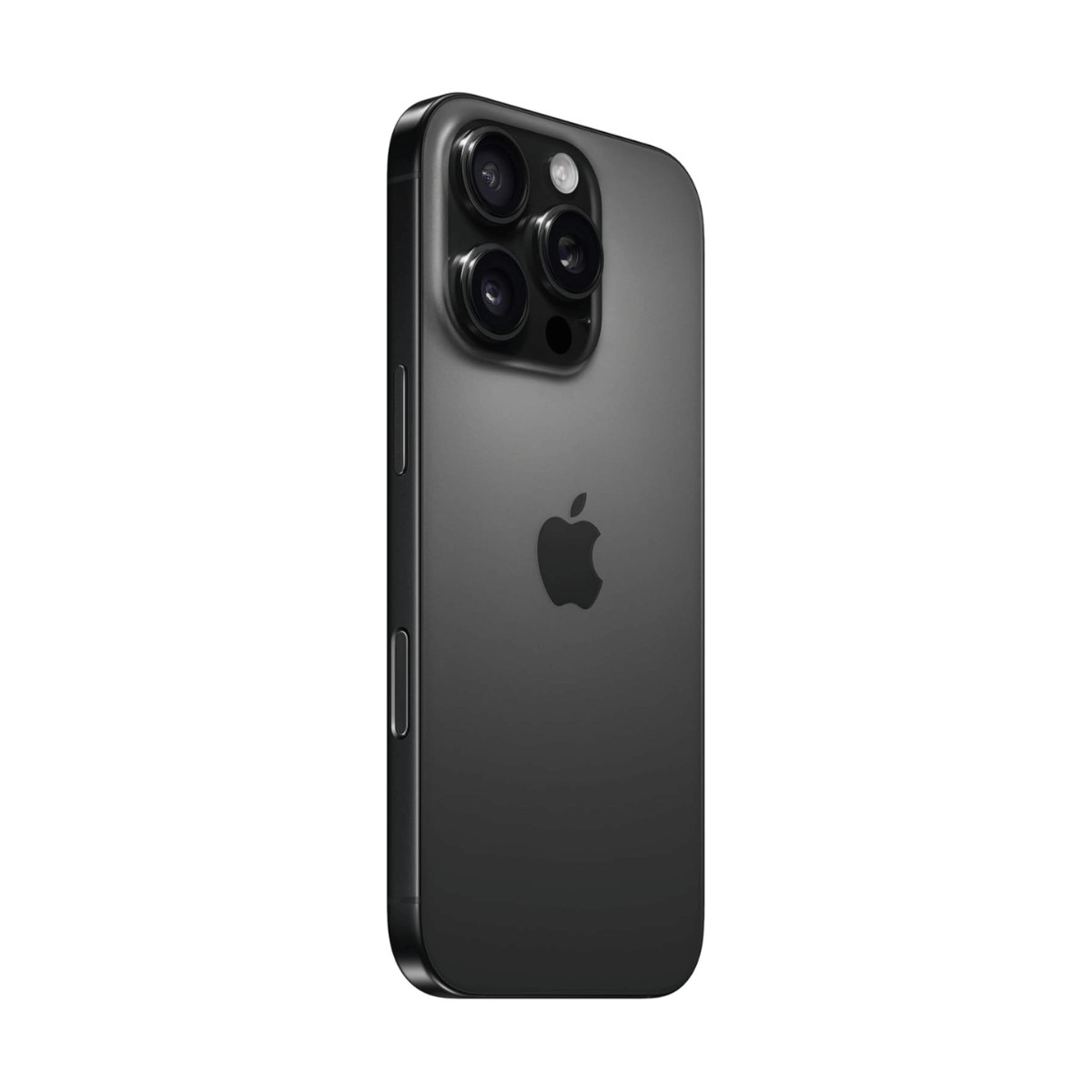 Uno smartphone grigio scuro mostra il retro con tre fotocamere e il logo Apple su sfondo chiaro.