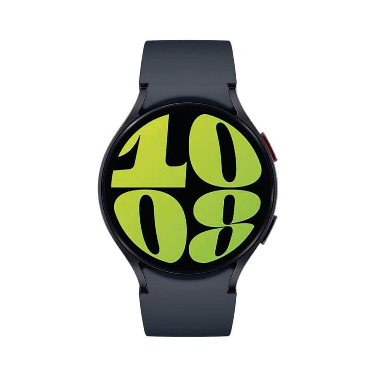 Uno smartwatch nero con schermo tondo mostra numeri digitali verdi 10 08 su sfondo bianco.