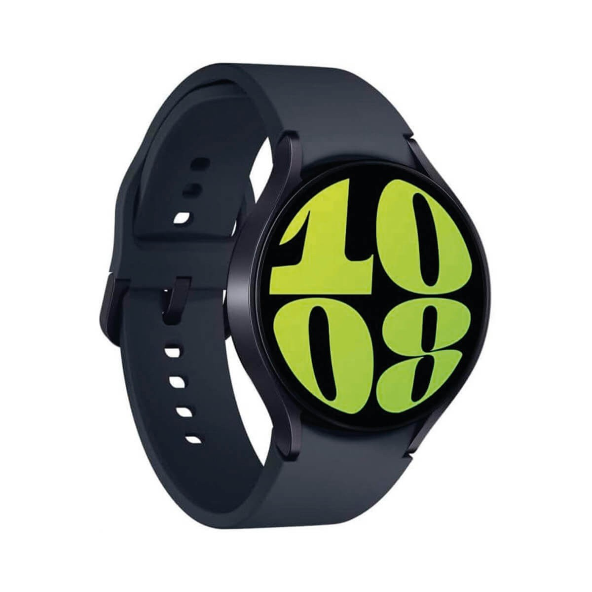 Smartwatch nero con display rotondo e numeri verdi su sfondo bianco.