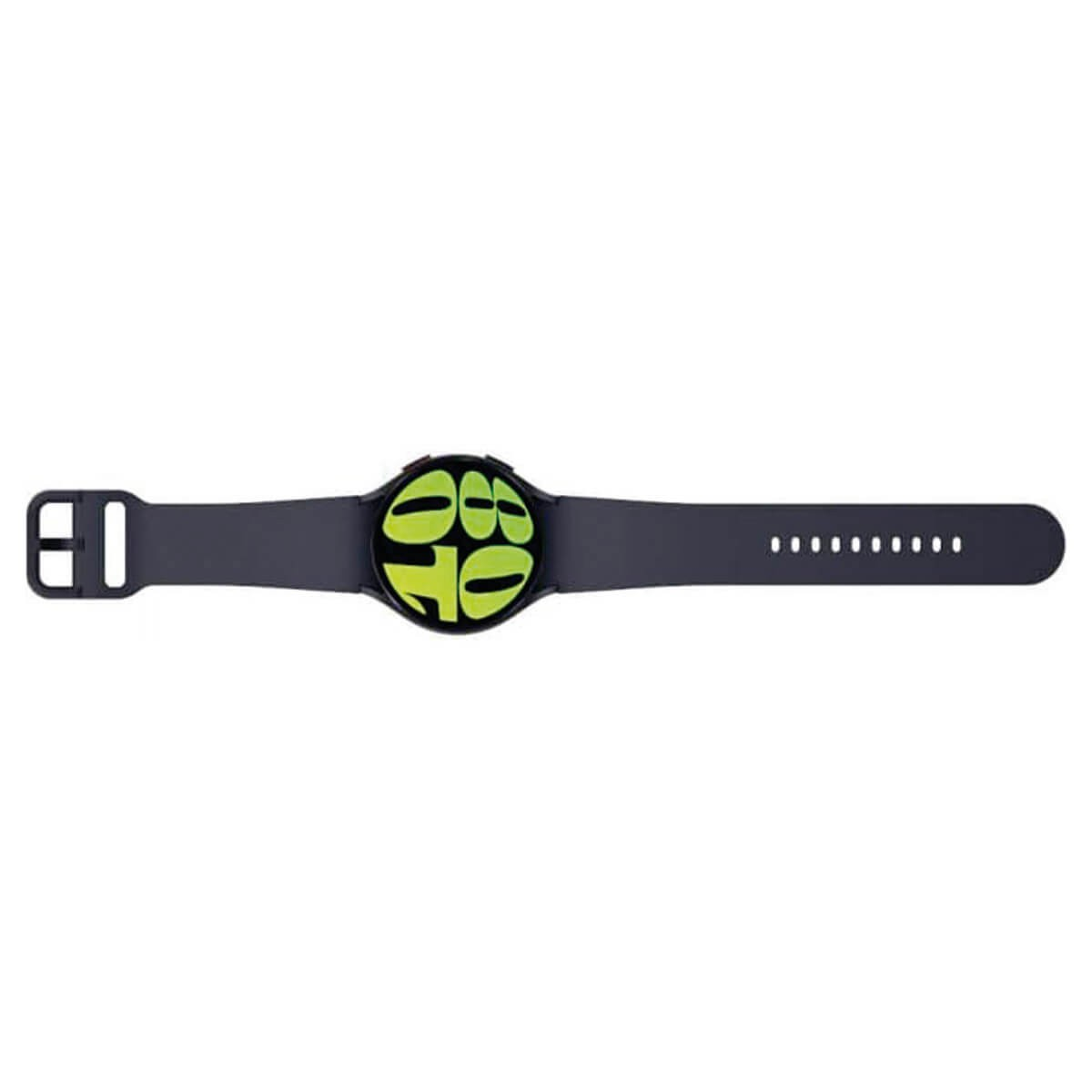Smartwatch nero con quadrante verde e un lungo cinturino perforato su sfondo bianco.
