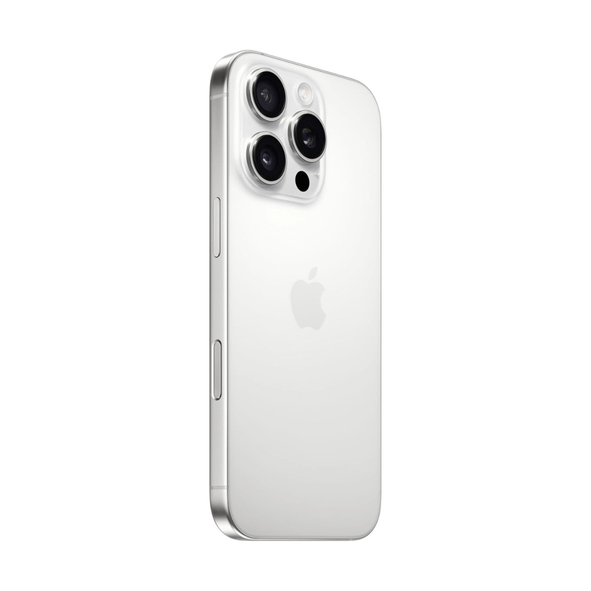 Parte trasera de un smartphone plateado con triple cámara y logotipo de Apple.