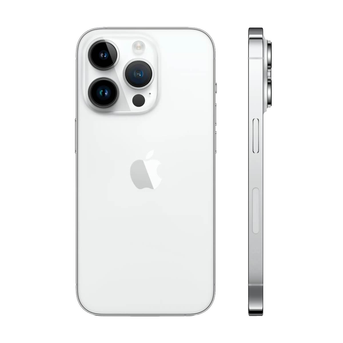 Rück- und Seitenansicht eines weißen Smartphones mit Triple-Kamera und Apple-Logo.