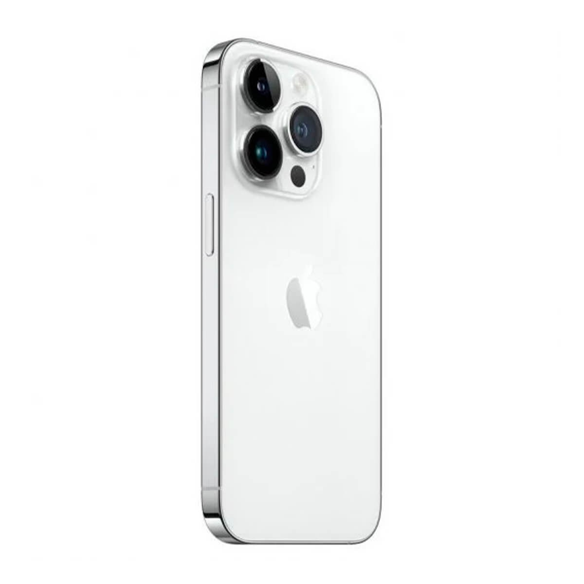 Rückseite eines silbernen Smartphones mit drei Kameras und Apple-Logo.