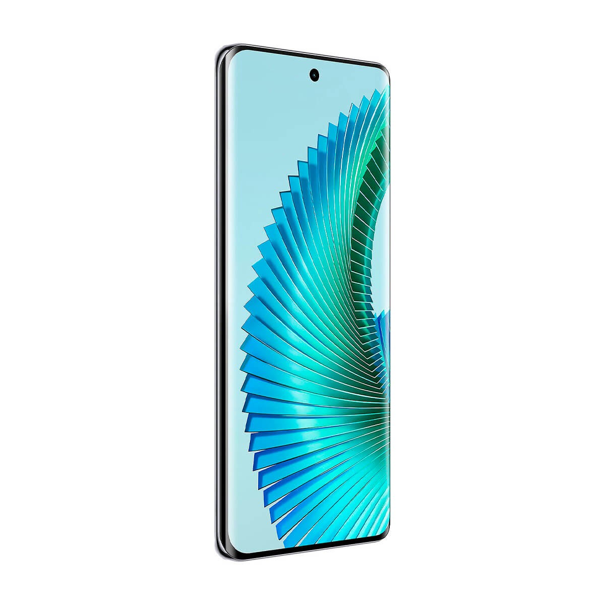 Uno smartphone con schermo curvo e un motivo grafico blu a ventaglio sul display.