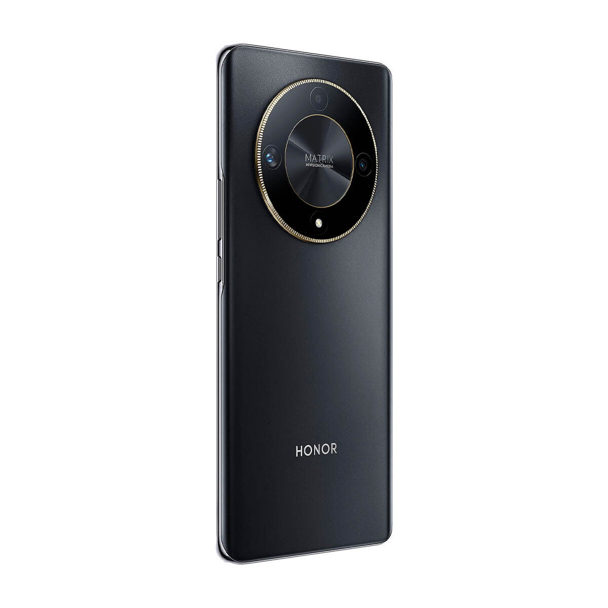 Retro di uno smartphone Honor nero con un grande modulo fotocamera rotondo in alto e il logo Honor in basso.