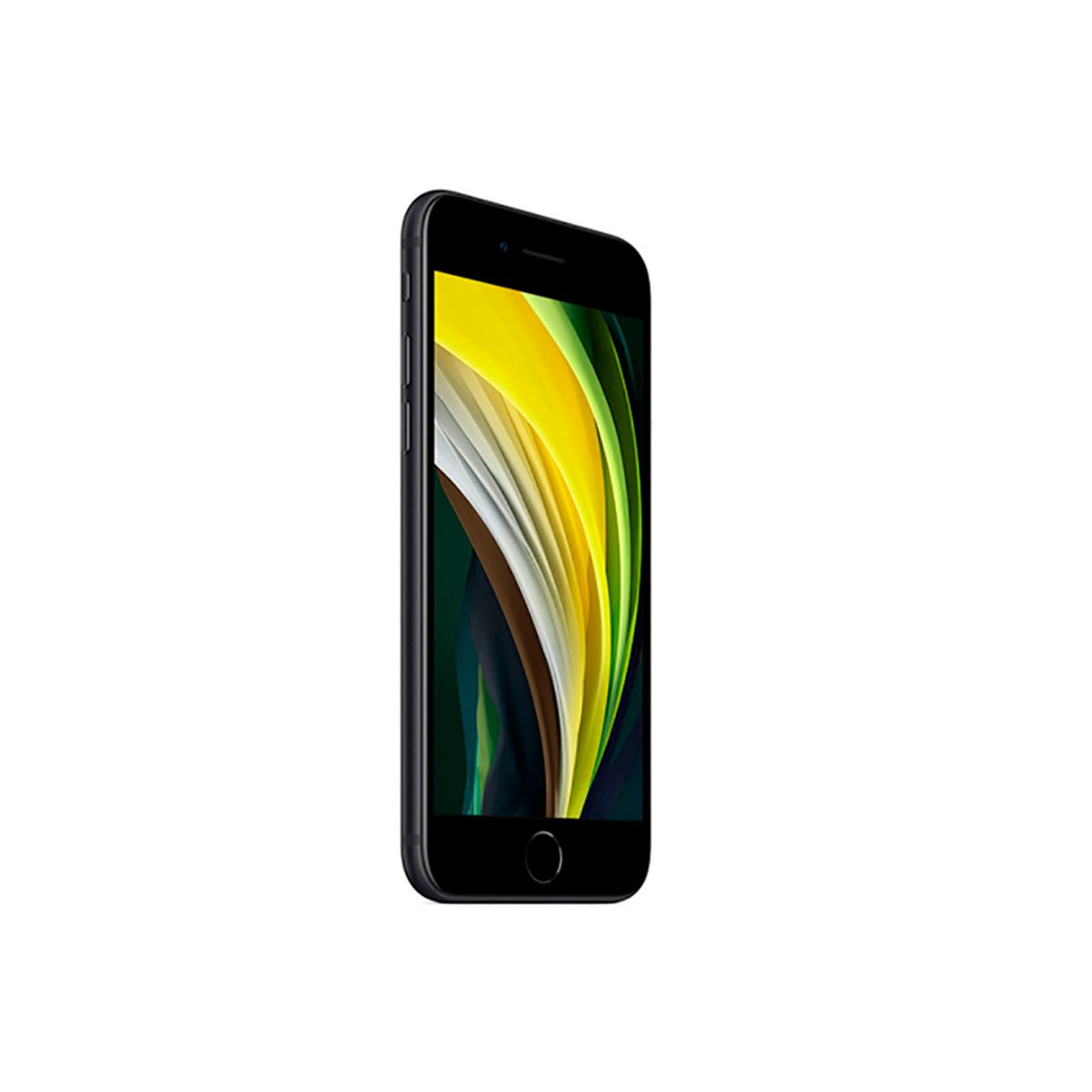 Ein schwarzes Smartphone steht aufrecht vor einem weißen Hintergrund und zeigt ein farbenfrohes abstraktes Display.