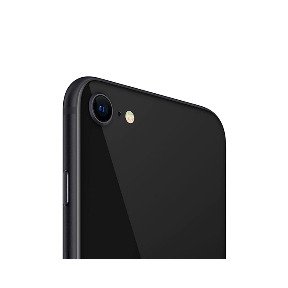 Nahaufnahme der Rückseite eines schwarzen Smartphones mit Kameraobjektiv, Blitz und Seitentaste.