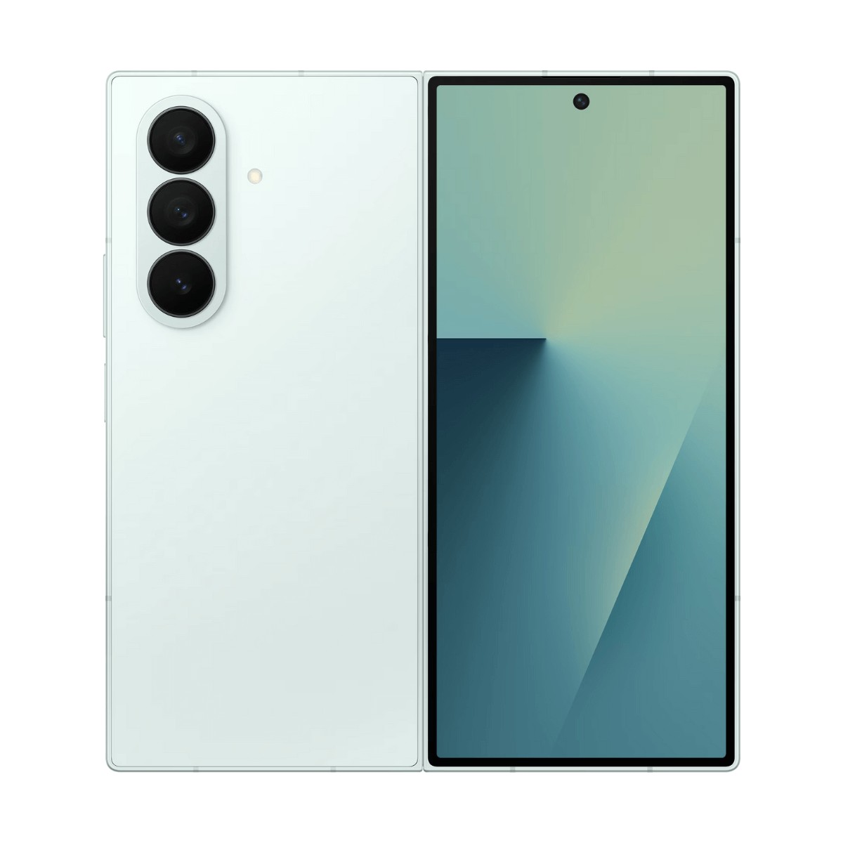 Uno smartphone bianco visto da davanti e da dietro, con tre fotocamere posteriori e schermo azzurro.