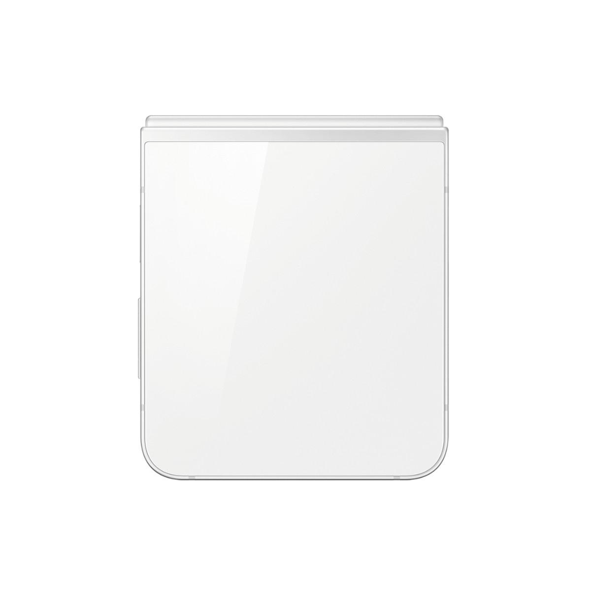 Un smartphone pliable blanc en position fermée sur un fond blanc.