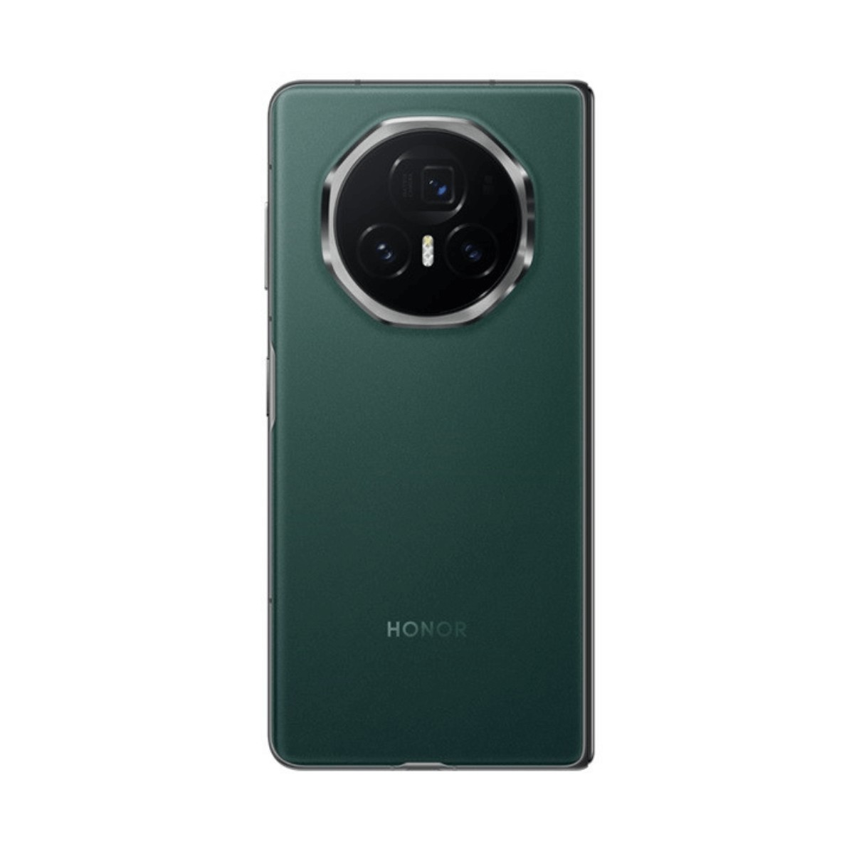 Retro di uno smartphone verde scuro con un grande modulo fotocamera rotondo e il logo Honor in basso.