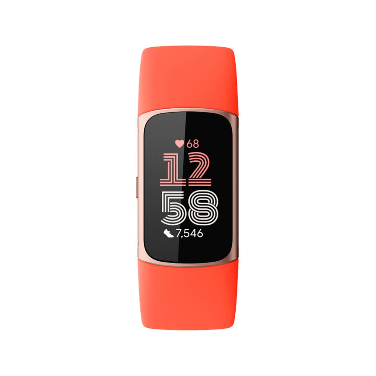 Una smartband con cinturino in silicone arancione e cassa dorata mostra l'ora, la frequenza cardiaca e i passi.