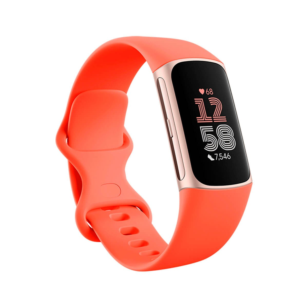 Un fitness tracker rosso corallo con cassa dorata e display digitale su sfondo bianco.