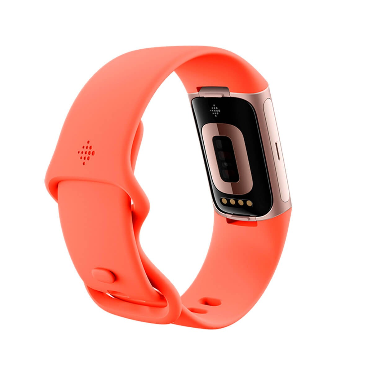 Una smartband con cinturino arancione brillante e cassa in oro rosa che mostra i sensori sul retro.