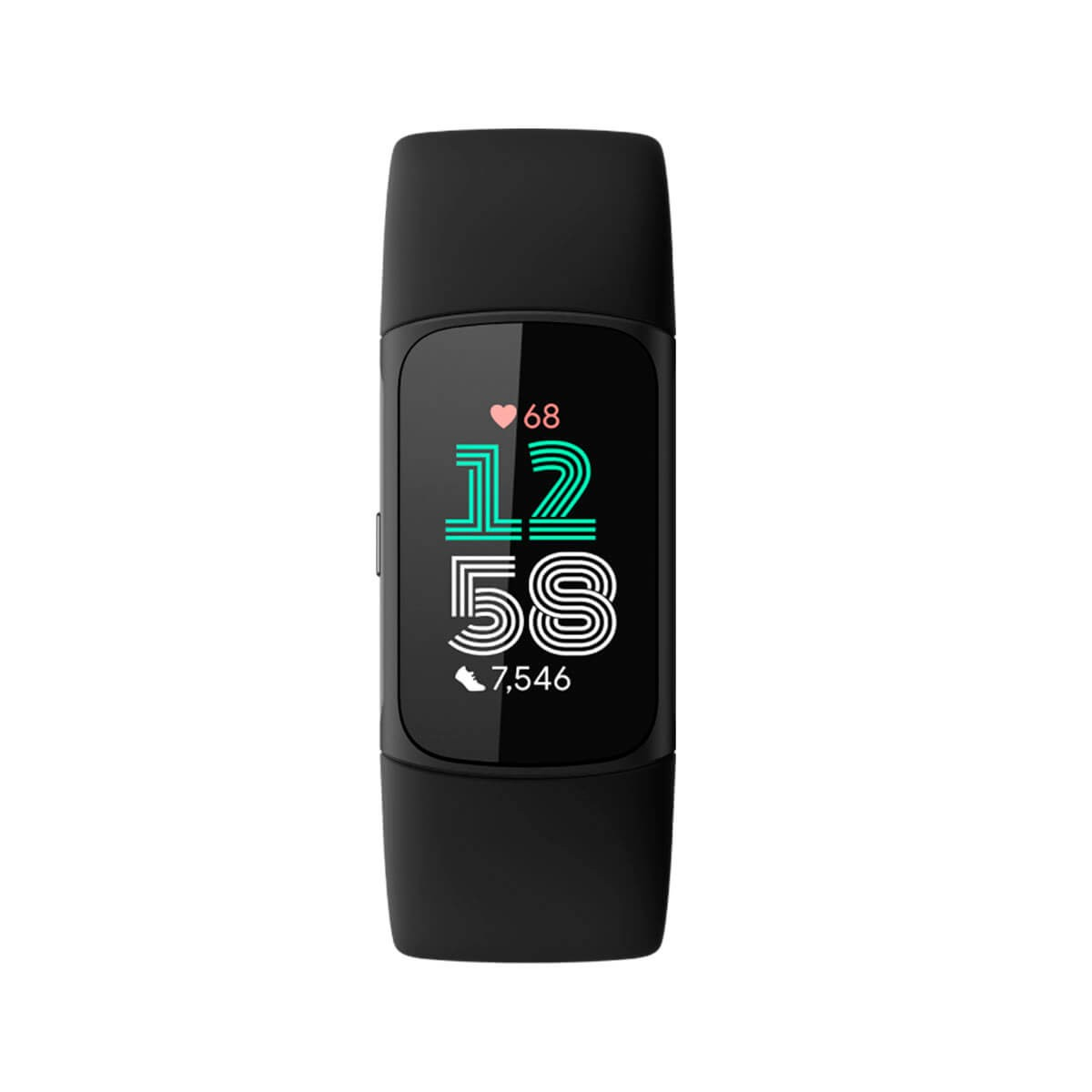 Un fitness tracker nero mostra l'ora, la frequenza cardiaca e i passi sullo schermo.