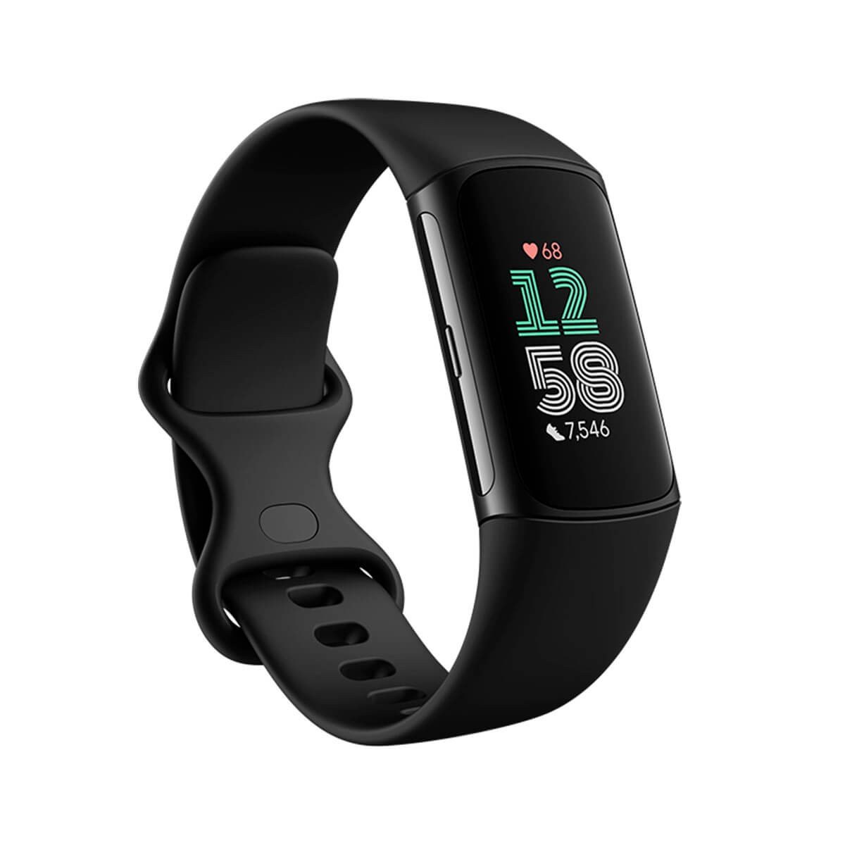 Un fitness tracker nero con schermo digitale che mostra ora, frequenza cardiaca e passi su sfondo bianco.