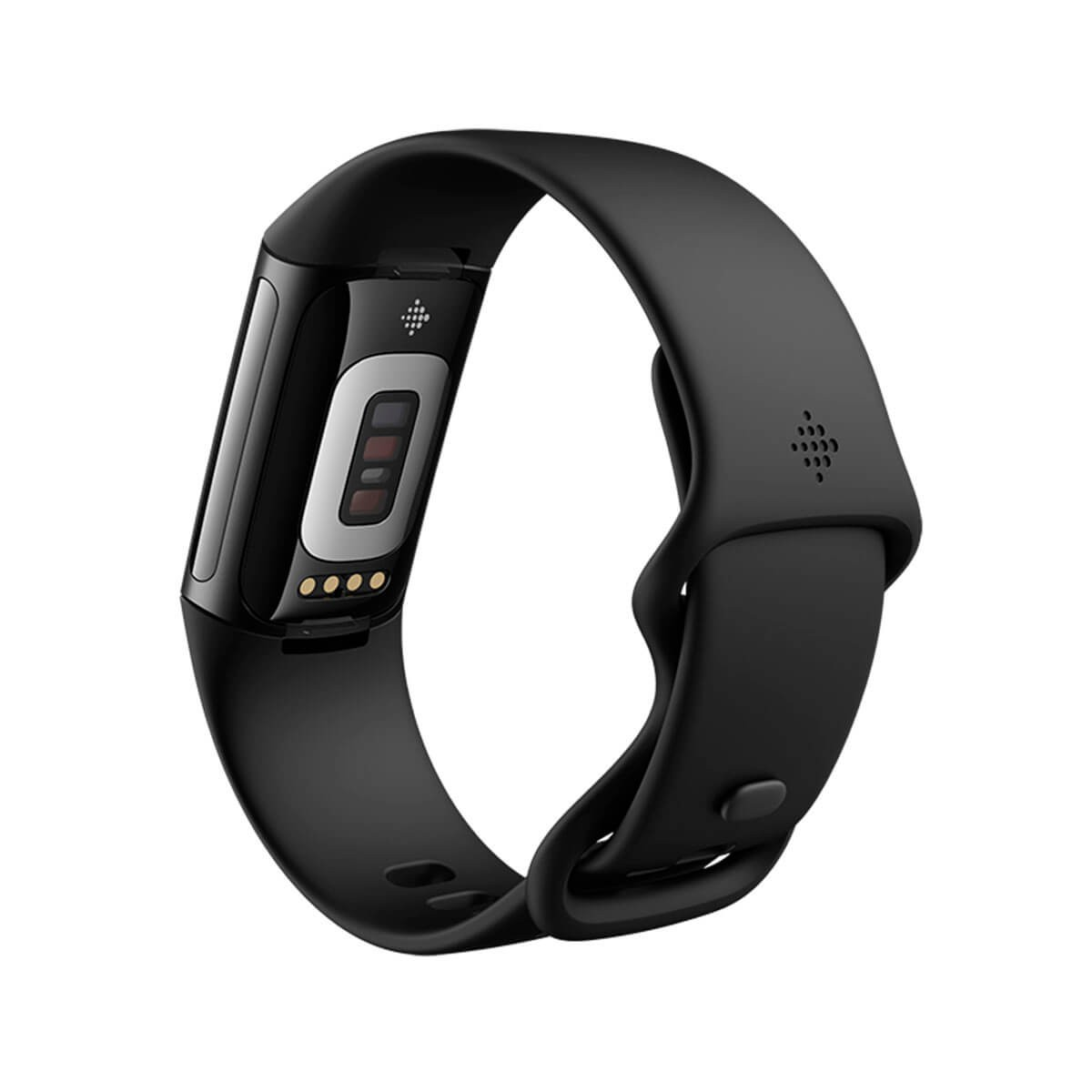 Un fitness tracker nero visto da dietro, che mostra i suoi sensori su sfondo bianco.