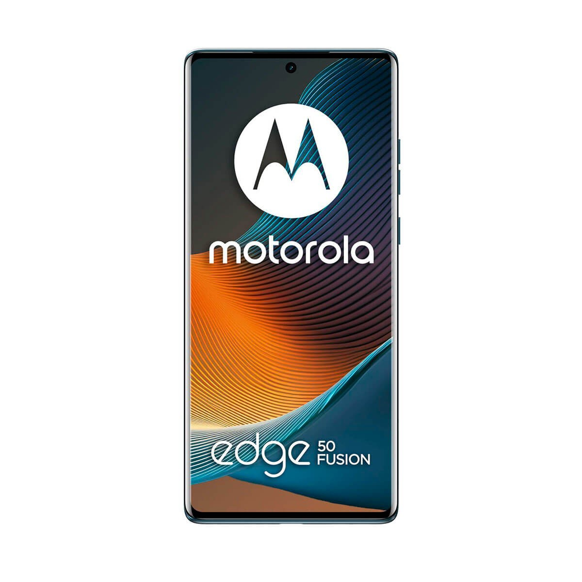 Motorola Edge 50 Fusion Smartphone mit gebogenem Display und farbigem Wellenmuster.