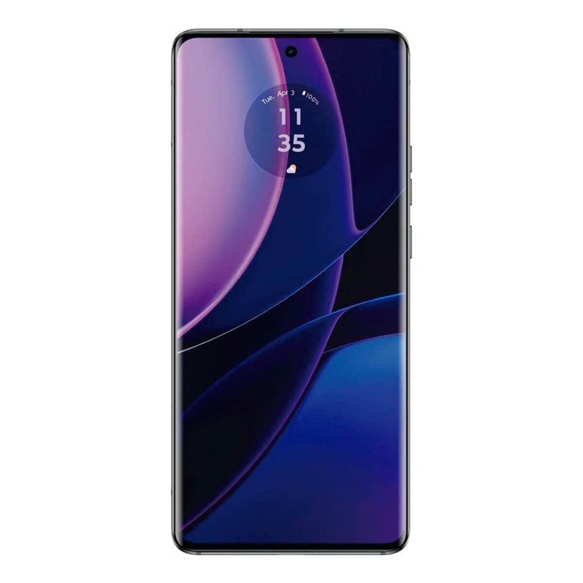 Uno smartphone con schermo bezel-less mostra uno sfondo astratto viola e blu e l'ora 11:35.