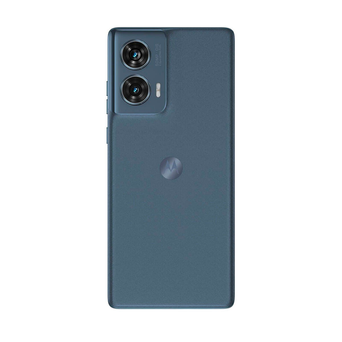 Blaue Rückseite eines Smartphones mit zwei Kameras oben links und dem Motorola-Logo in der Mitte.