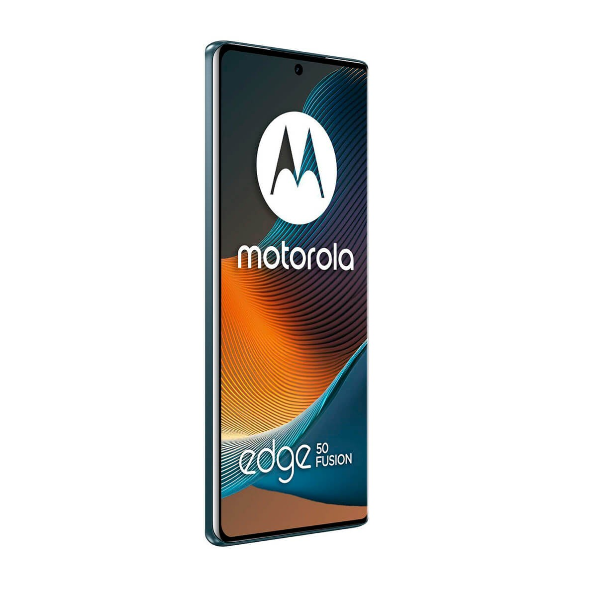 Frontansicht des Motorola Edge 50 Fusion Smartphones mit Logo und gebogenem Display.
