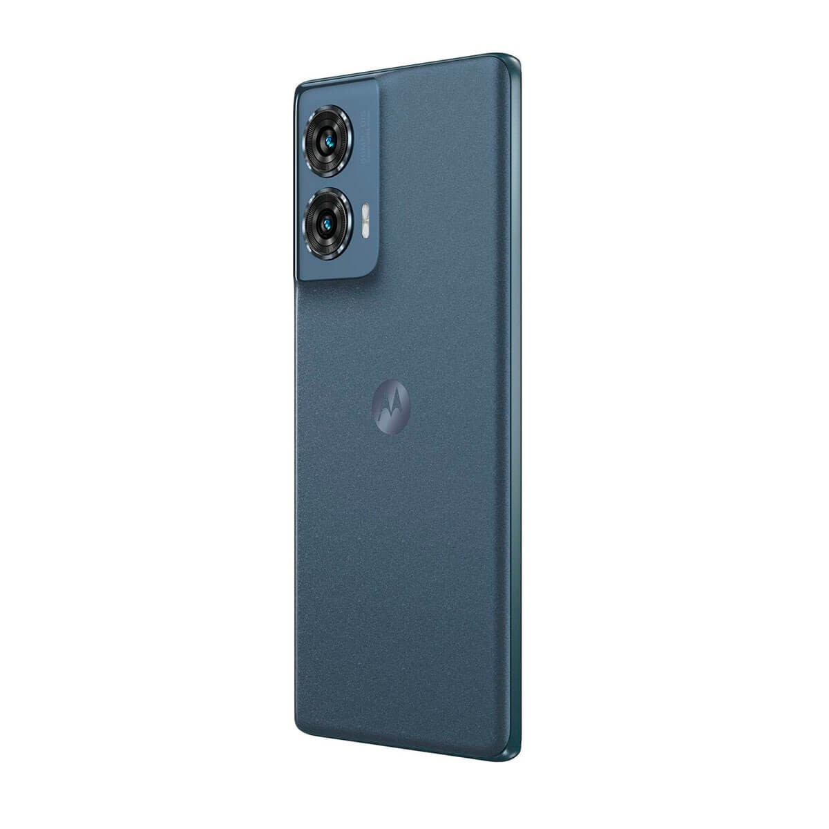 Rückseite eines blauen Motorola-Smartphones mit zwei Kameras und dem Motorola-Logo.