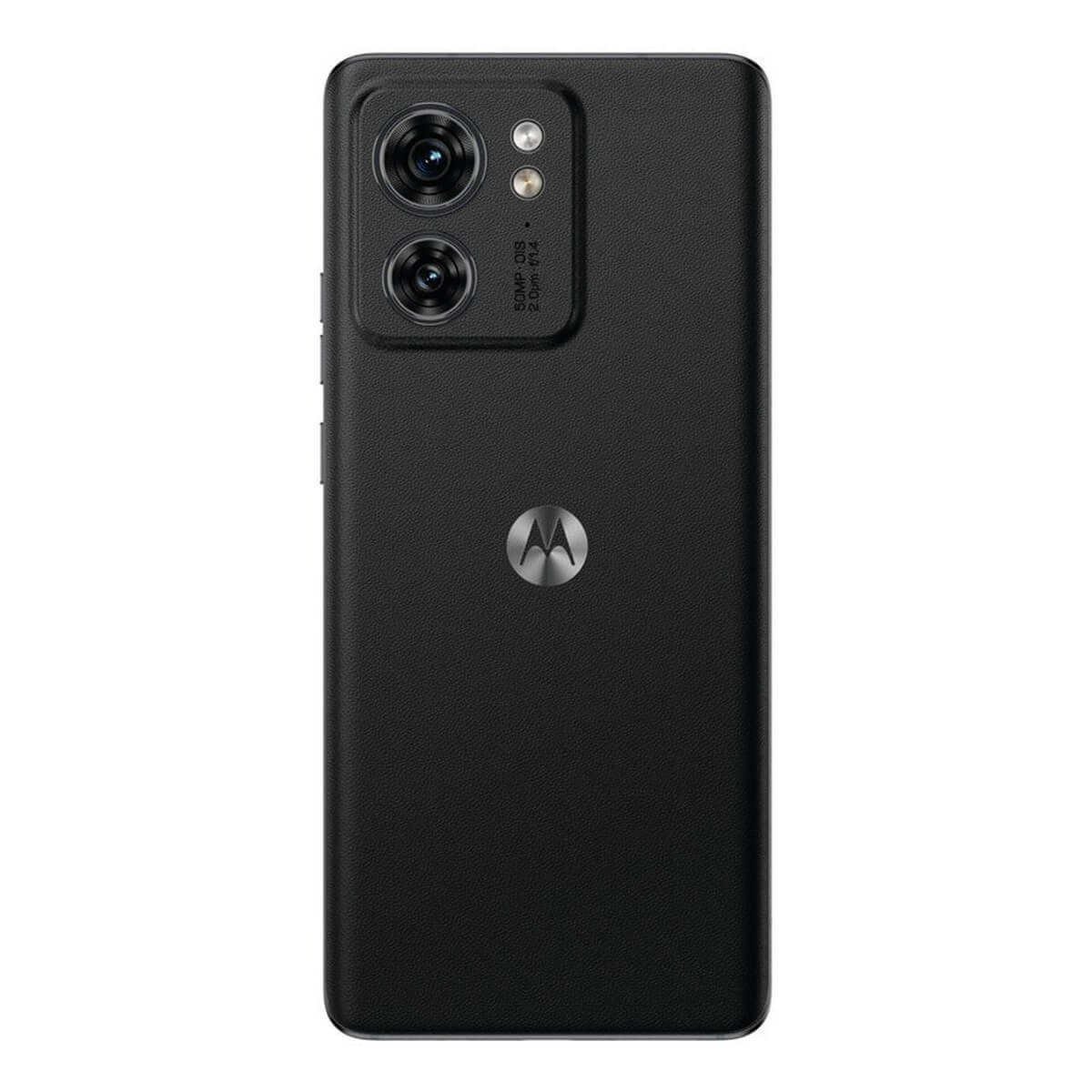 Retro di uno smartphone Motorola nero con due fotocamere e il logo Motorola al centro.