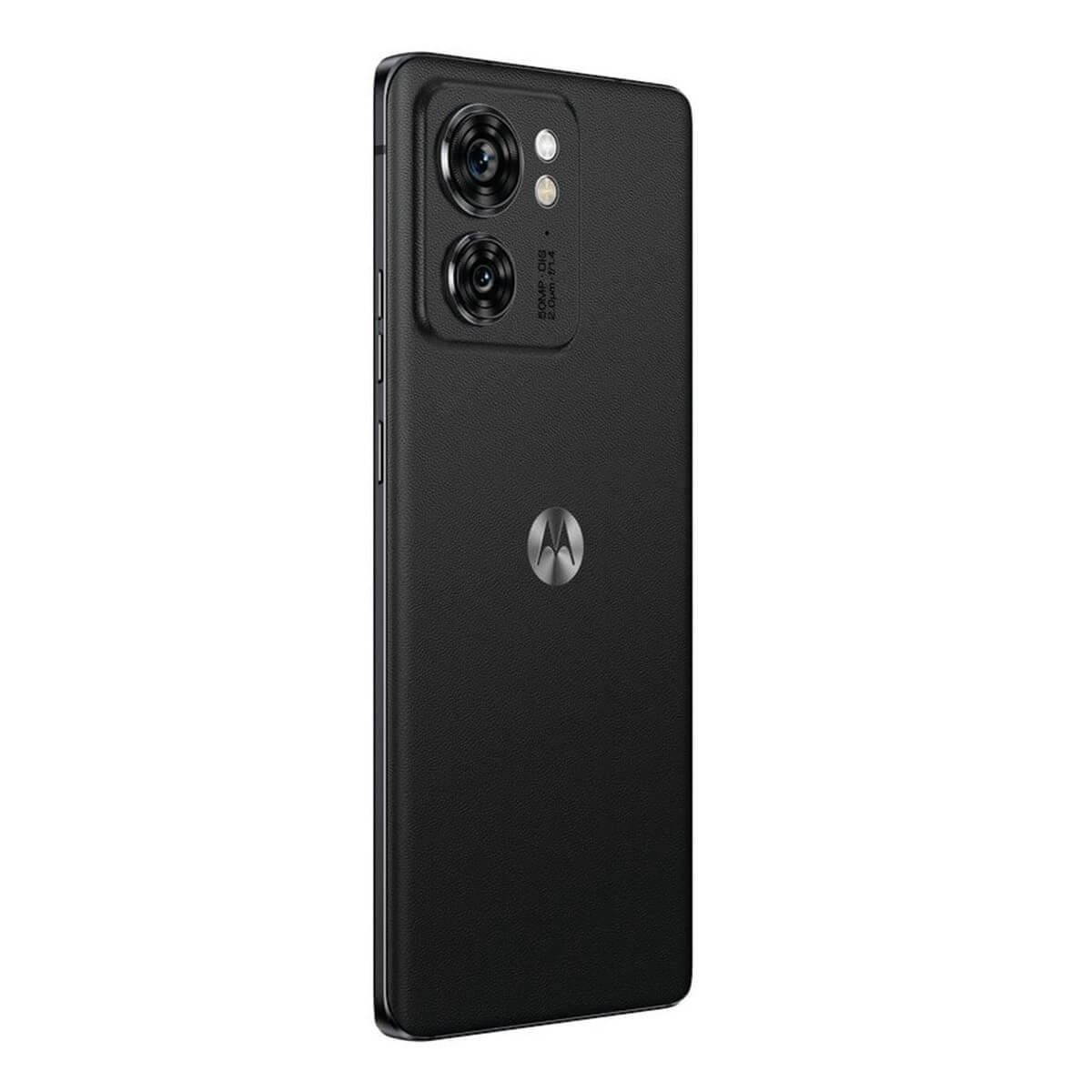 Vista posteriore di uno smartphone Motorola nero con doppia fotocamera e logo.