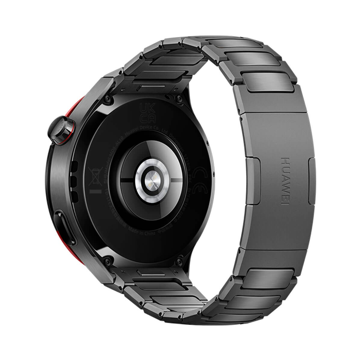 Rückansicht einer schwarzen Huawei Smartwatch mit Metallgliederarmband und Sensor.