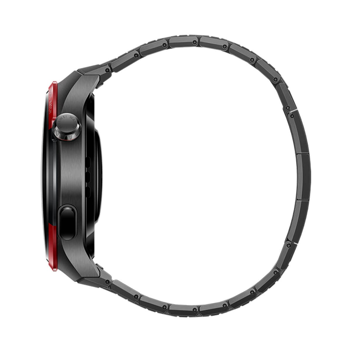 Seitenansicht einer schwarzen Smartwatch mit Metallarmband und rotem Akzent.