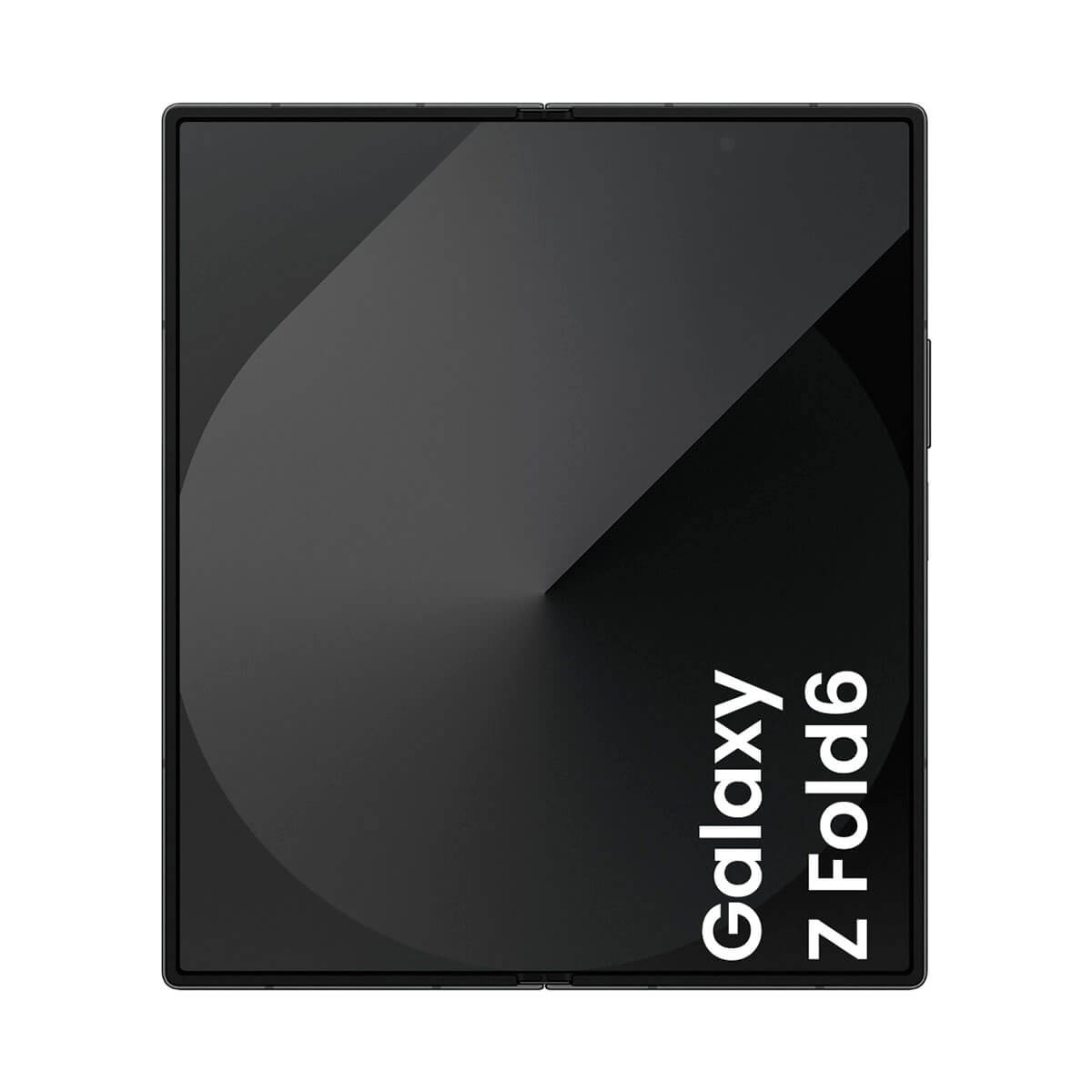 Uno smartphone nero aperto mostra uno sfondo scuro con il testo bianco "Galaxy Z Fold6".