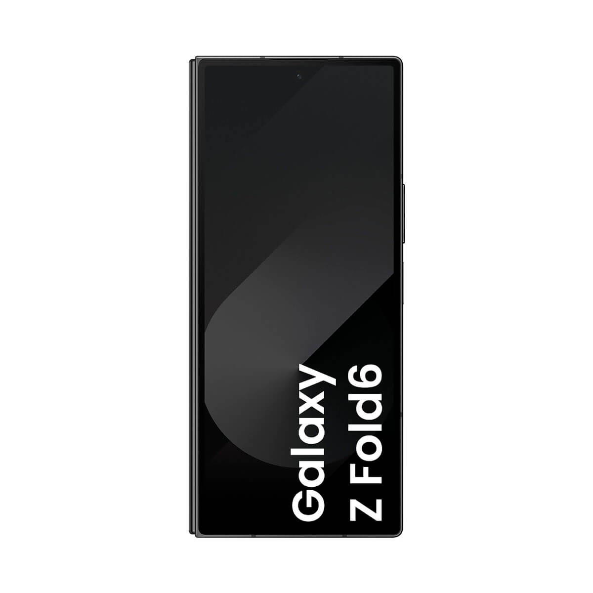 Uno smartphone Galaxy Z Fold6 con schermo nero e testo bianco su sfondo bianco.