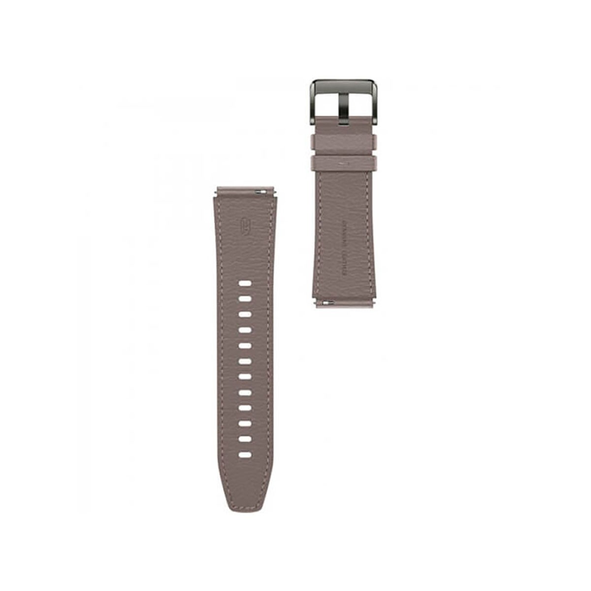 Ein graues Lederarmband mit silberner Schließe und Perforationen auf weißem Hintergrund.