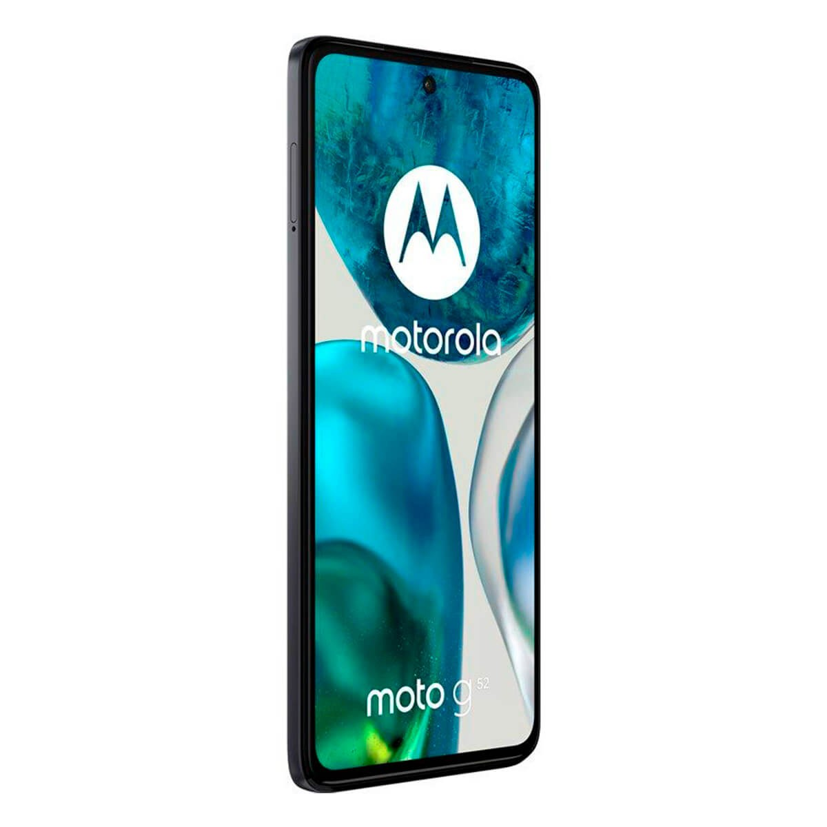 Uno smartphone nero Motorola Moto G52 mostra uno schermo colorato con il logo Motorola.