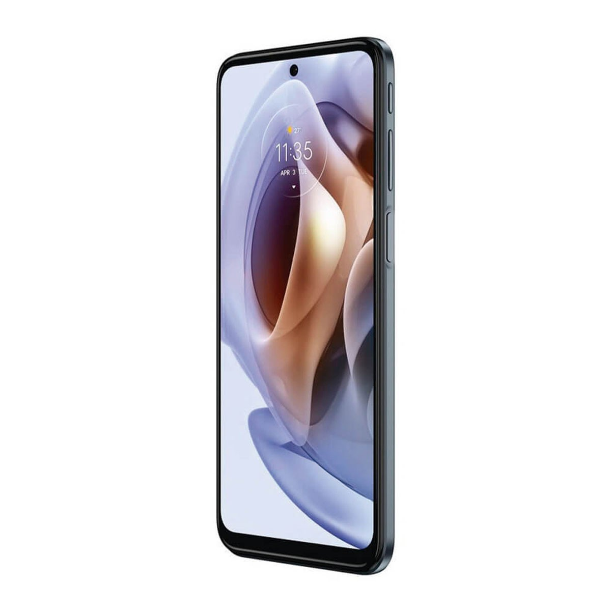 Ein schwarzes Smartphone steht aufrecht, der Bildschirm zeigt eine abstrakte blau-braune Grafik mit Uhrzeit.