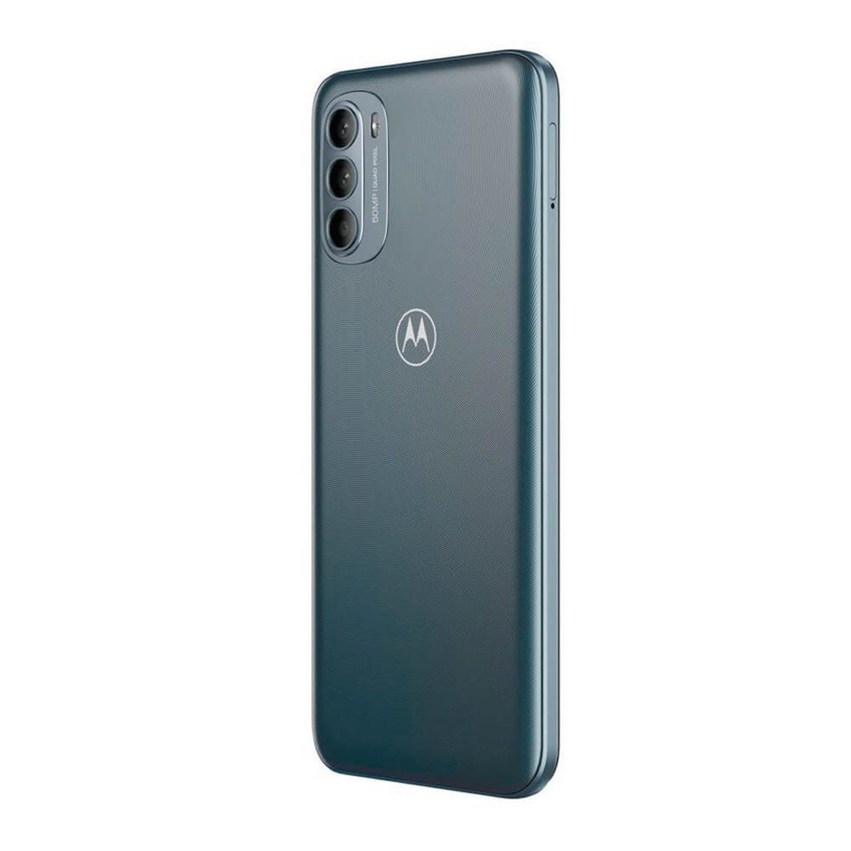 Rückseite eines dunkelblauen Motorola-Smartphones mit Dreifachkamera und Logo auf weißem Hintergrund.