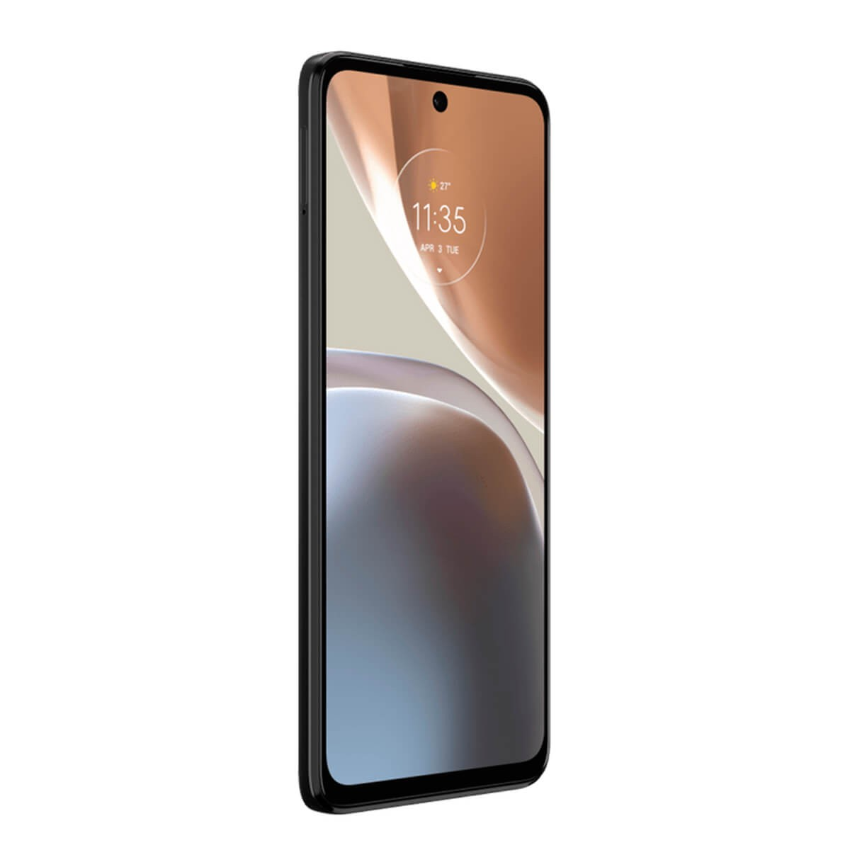 Uno smartphone nero con angoli arrotondati leggermente inclinato, lo schermo mostra ora e data.
