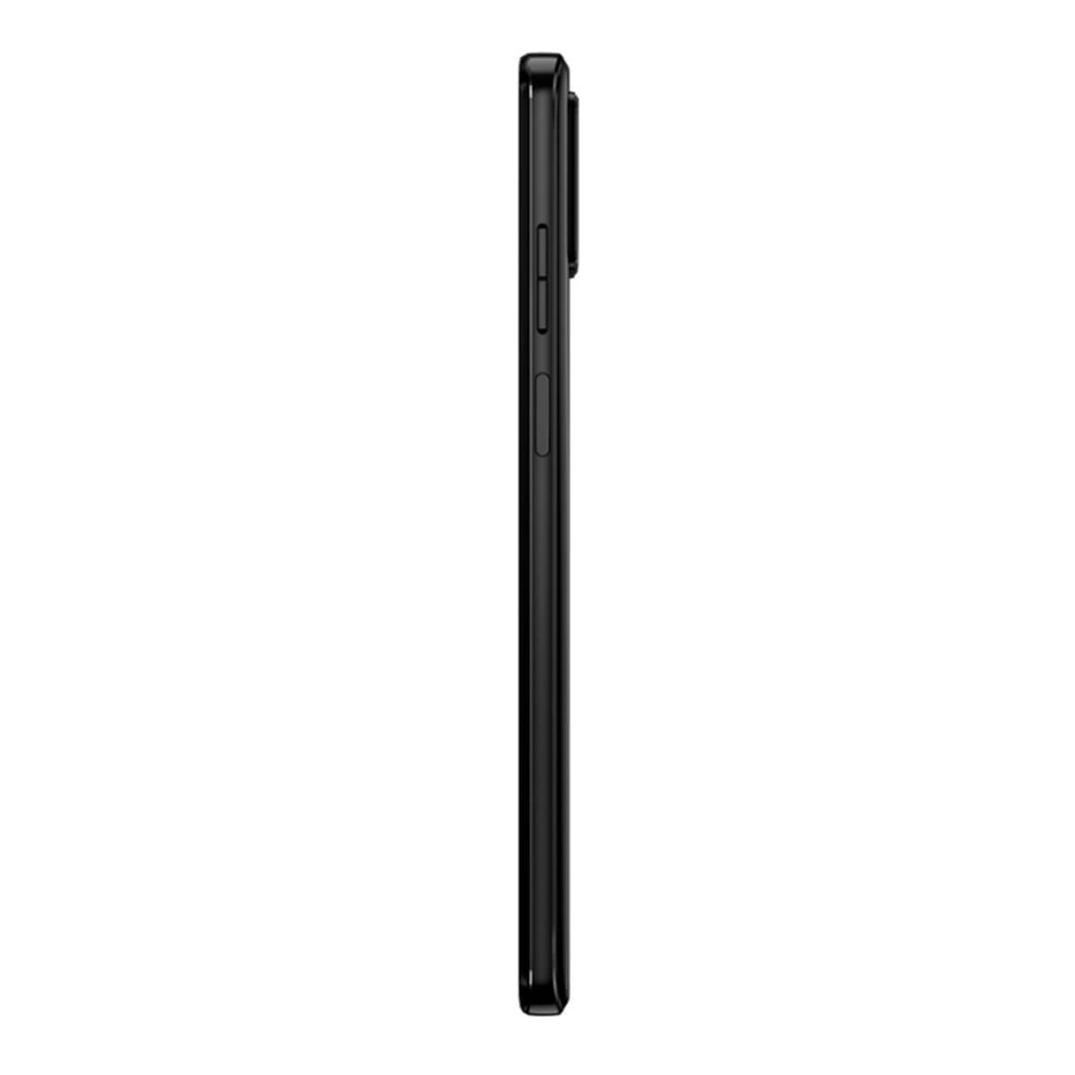 Vista laterale di uno smartphone nero e sottile con pulsanti del volume e di accensione su sfondo bianco.