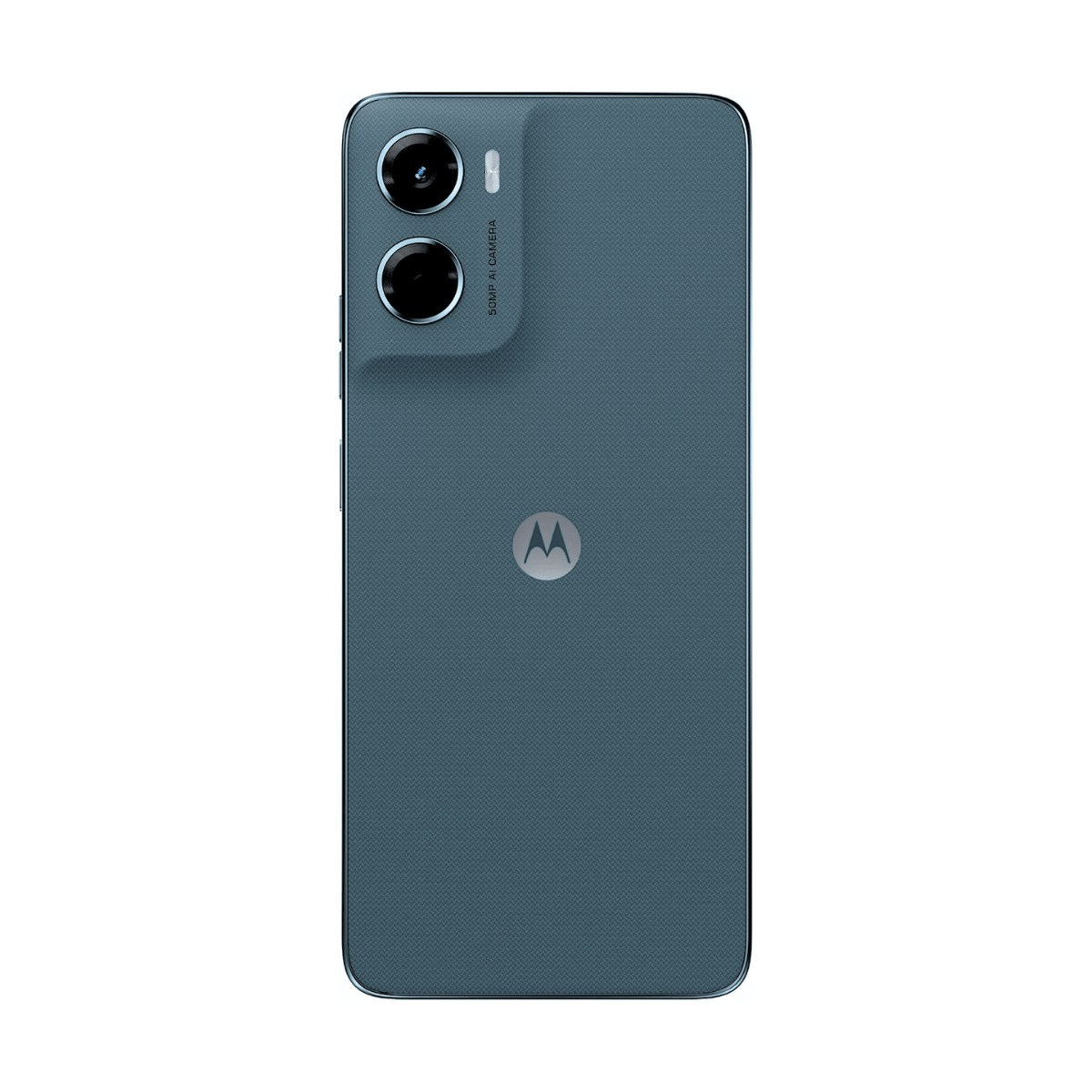 Retro di uno smartphone Motorola blu con doppia fotocamera e logo Motorola al centro.