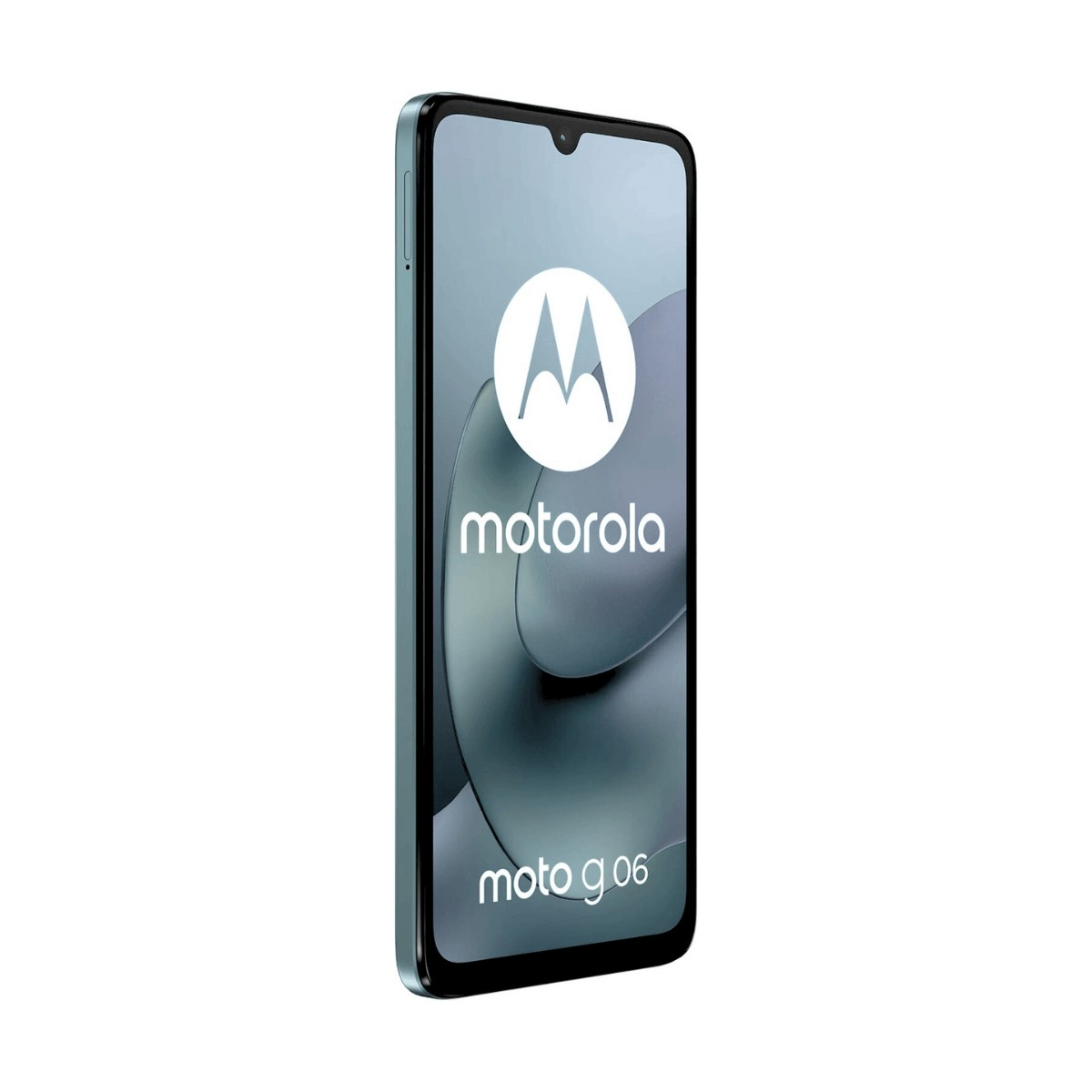 Uno smartphone Motorola Moto g06 blu con logo bianco e testo sullo schermo.