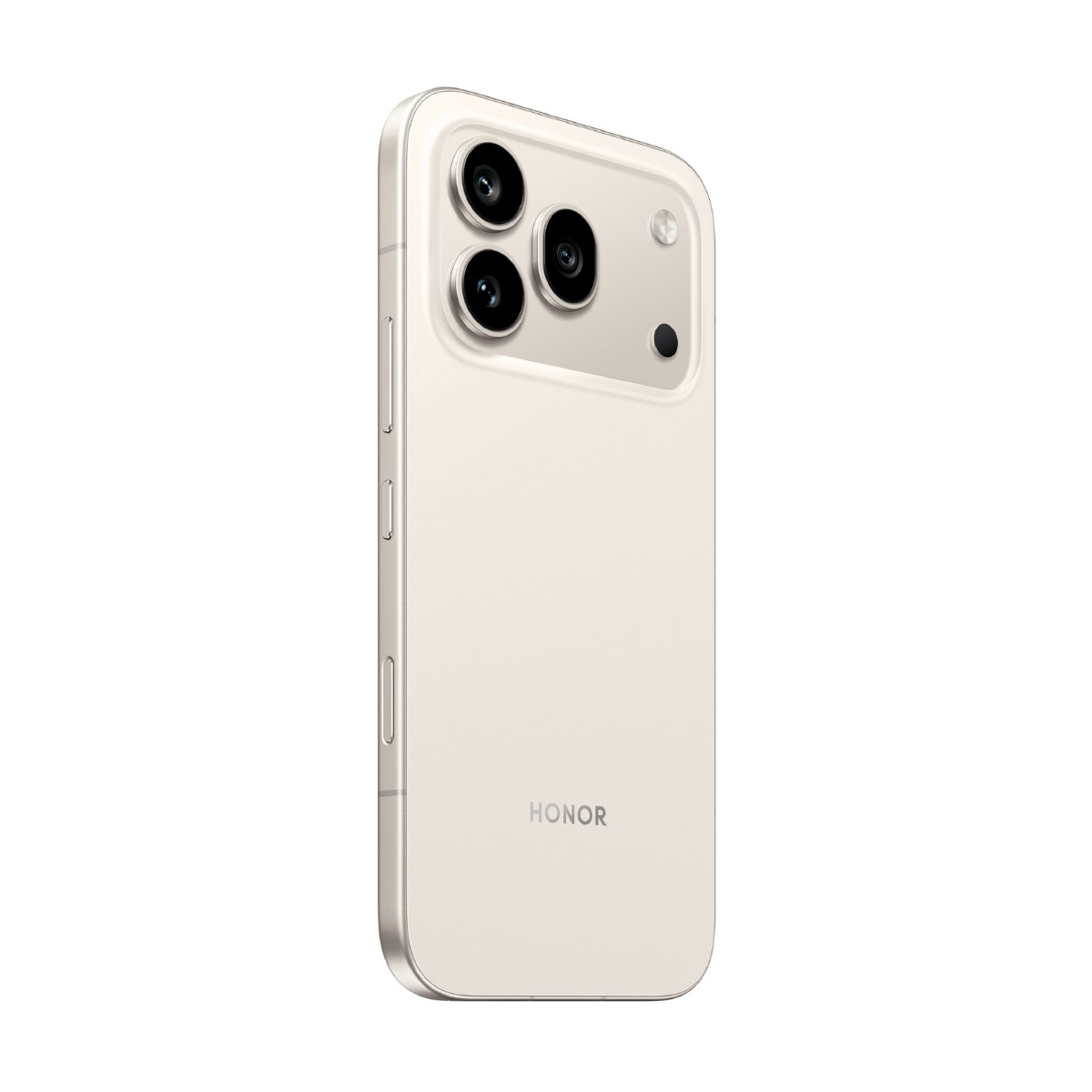 Retro di uno smartphone HONOR beige con tripla fotocamera in alto a sinistra su sfondo bianco.