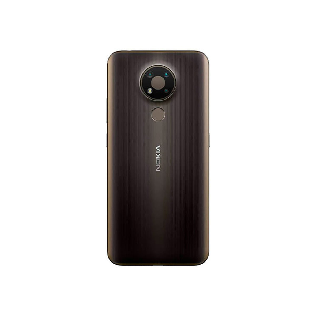 Rückseite eines braunen Nokia-Smartphones mit runder Kamera und Logo auf weißem Hintergrund.