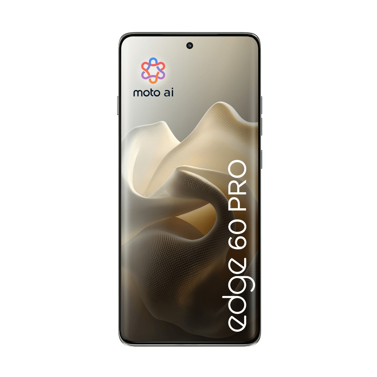 Smartphone Moto Edge 60 Pro con sfondo ondulato e logo moto ai sullo schermo.