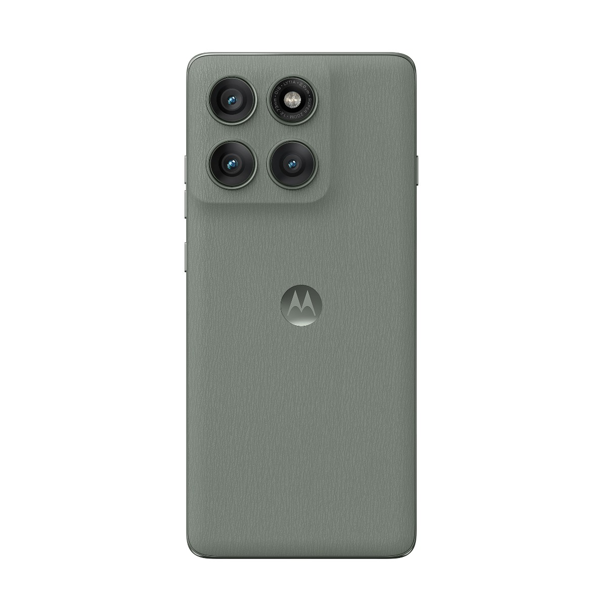 Il retro di uno smartphone verde con un modulo fotocamera quadrato con tre lenti e il logo Motorola.