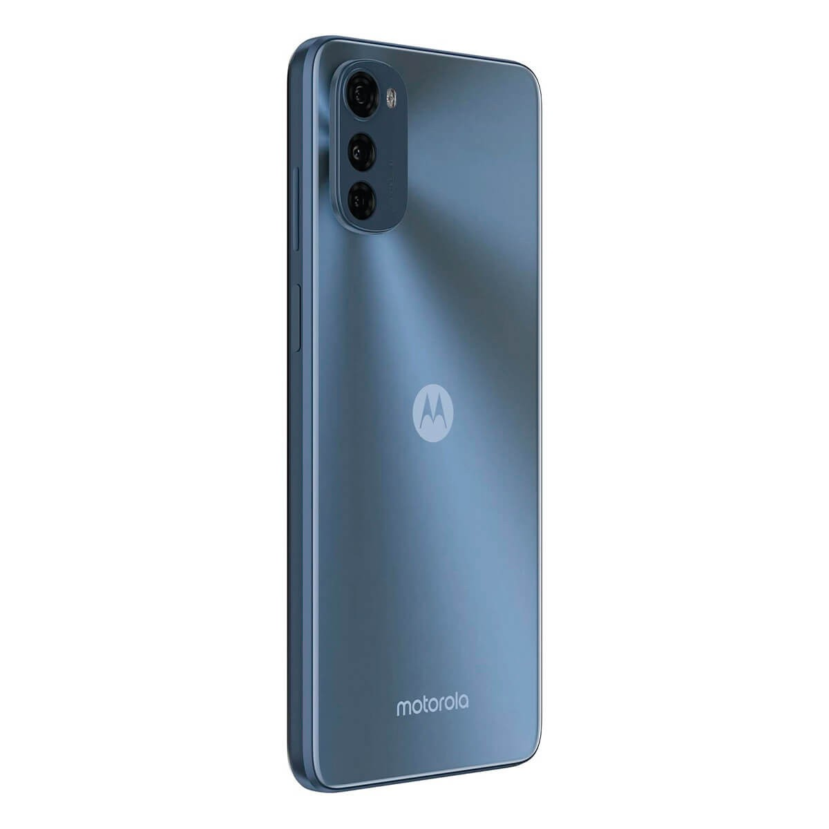 Die Rückseite eines blauen Motorola-Smartphones mit vertikaler Dreifachkamera und dem Motorola-Logo.