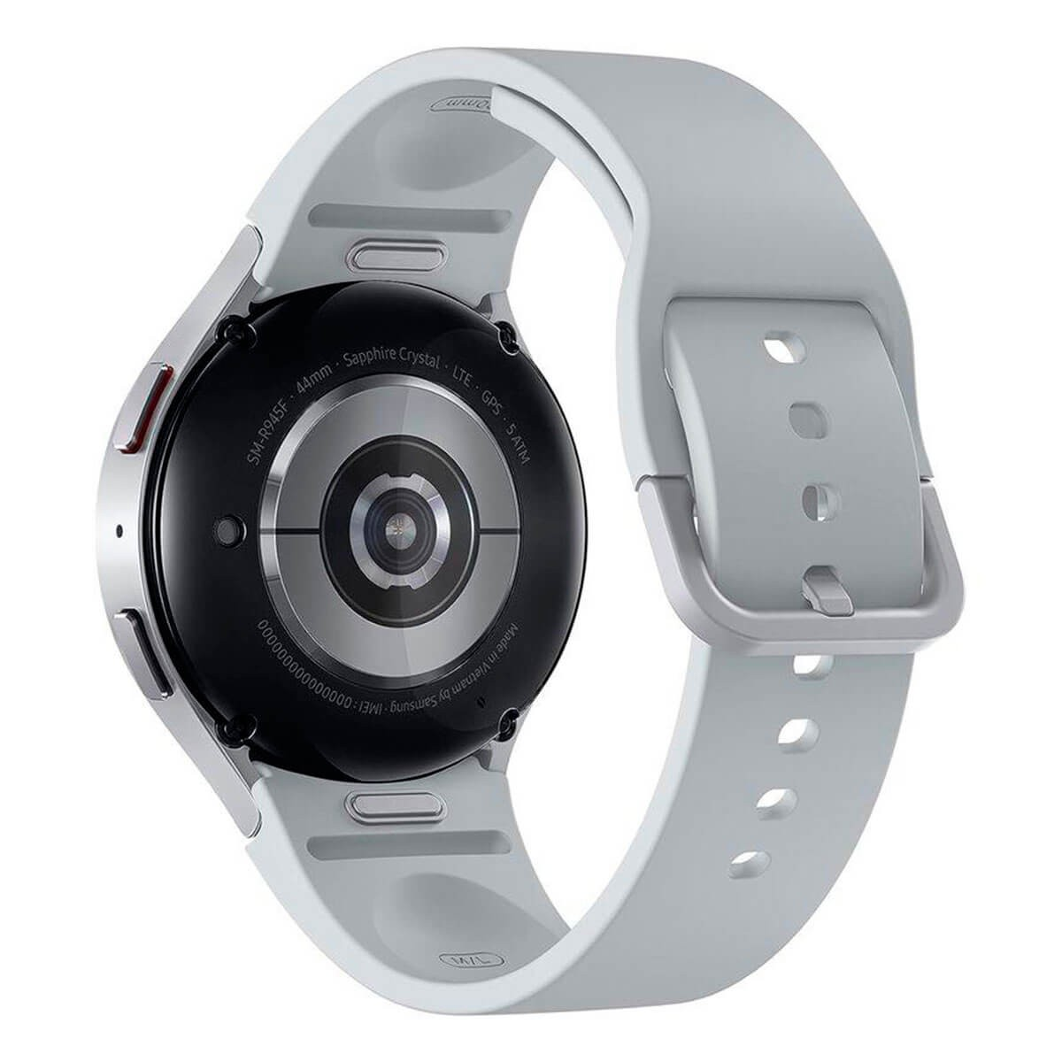 Vista posteriore di uno smartwatch argento con cinturino in silicone grigio, con dettagli dei sensori e testo.