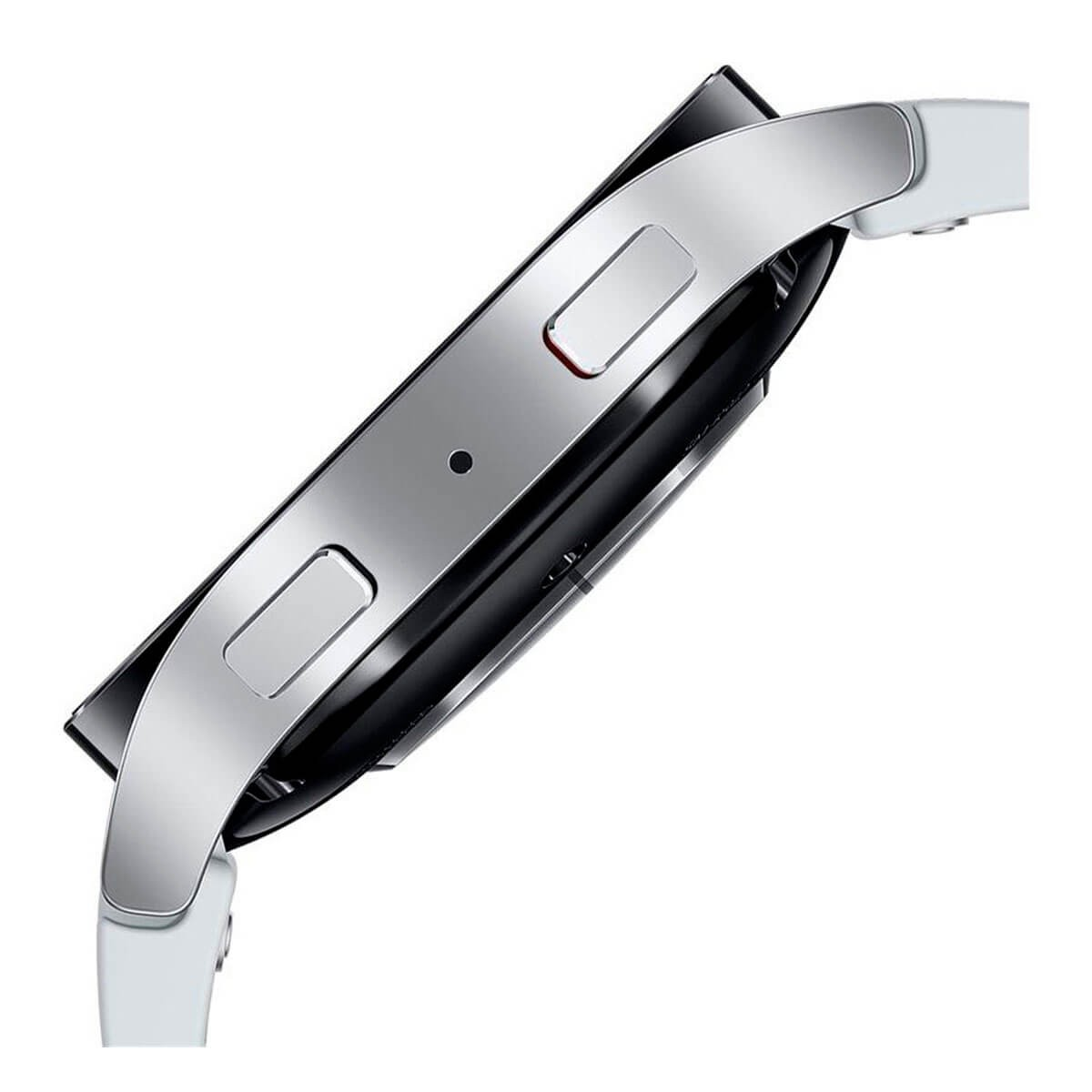 Vista laterale di uno smartwatch argento con due pulsanti, microfono e cinturino bianco su sfondo bianco.