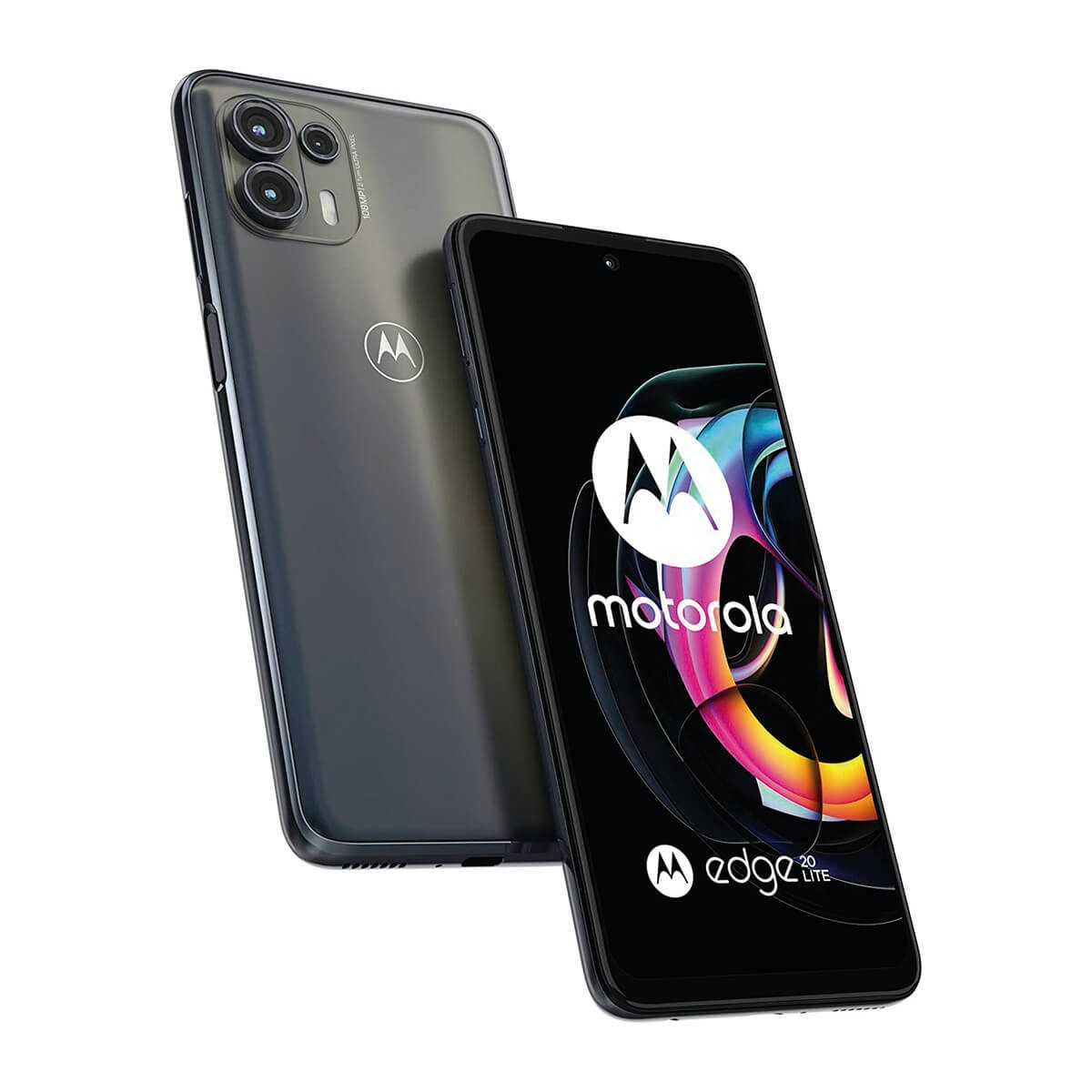 Zwei Motorola Edge 20 Lite Smartphones mit Vorder- und Rückseite vor weißem Hintergrund.
