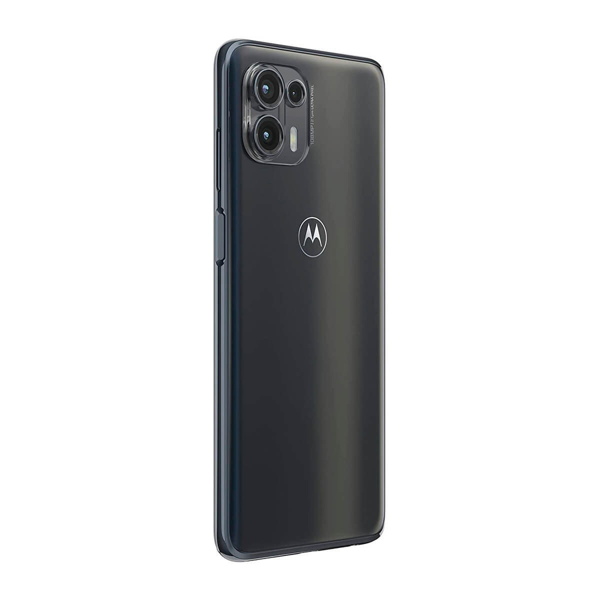 Rückansicht eines schwarzen Motorola-Smartphones mit dreifacher Kameralinse und Firmenlogo.